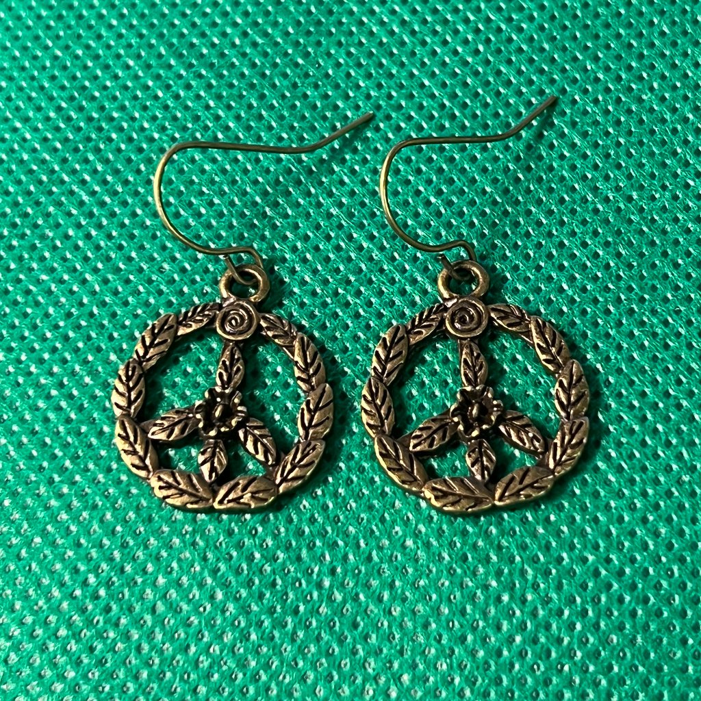 Peace Sign With Flowers And Leaves Bronze Tone French Hook Pierced Earrings